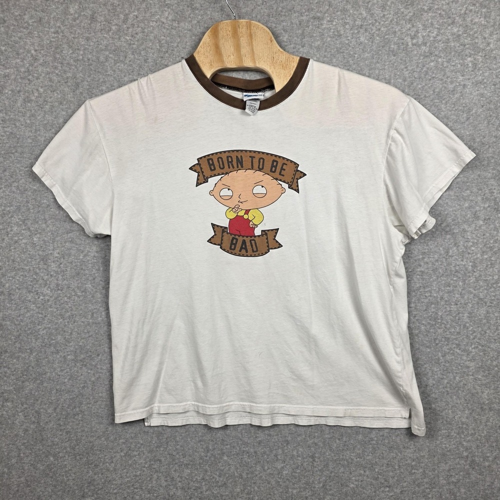 Y2K Family Guy Stewie Born To Be Bad Shirt Mens Large White Brown Ringer